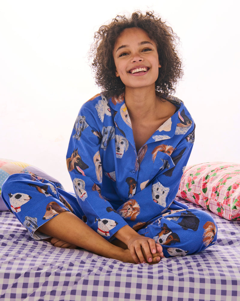 Dog Park Blue Flannelette Adult Long Sleeve Shirt & Pant Pyjama Set