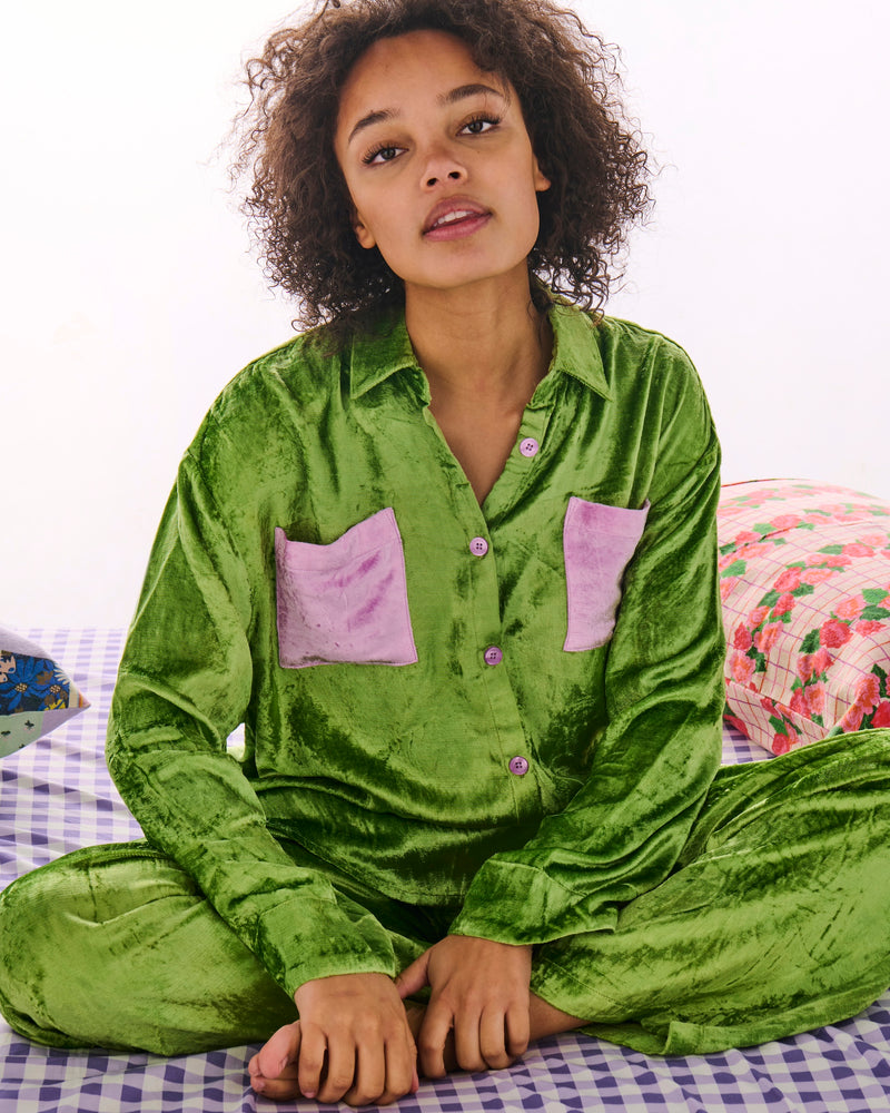 Pistachio Adult Velvet Long Sleeve Shirt & Pant Pyjama Set