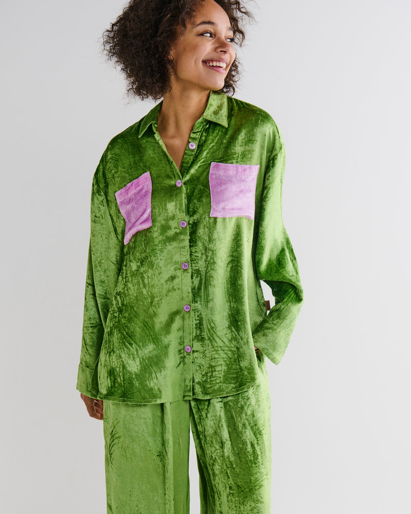 Pistachio Adult Velvet Long Sleeve Shirt & Pant Pyjama Set