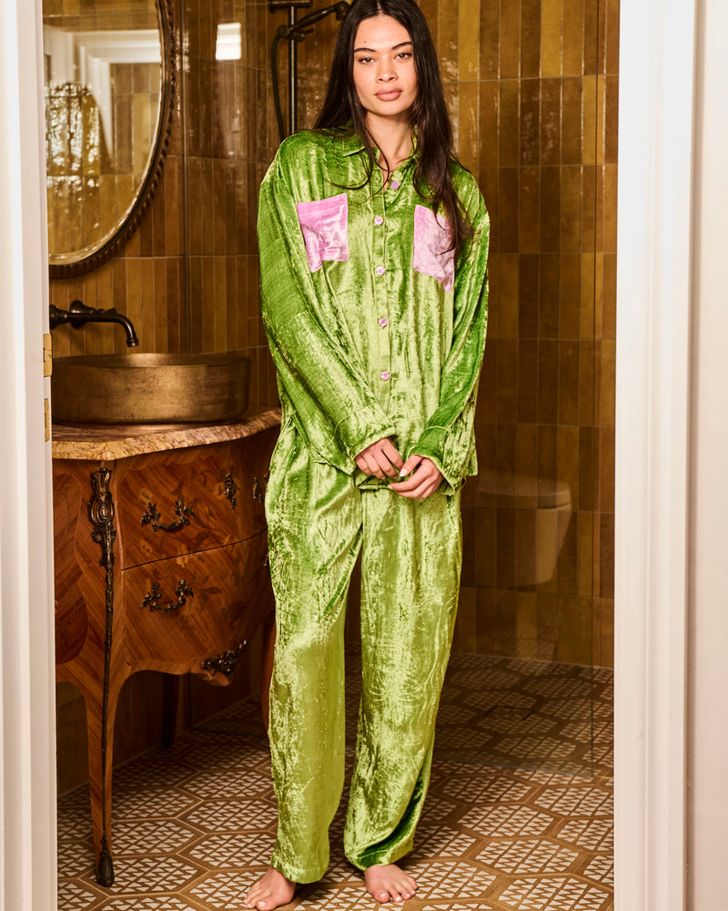 Pistachio Adult Velvet Long Sleeve Shirt & Pant Pyjama Set