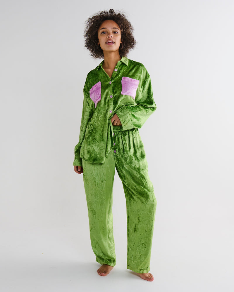 Pistachio Adult Velvet Long Sleeve Shirt & Pant Pyjama Set
