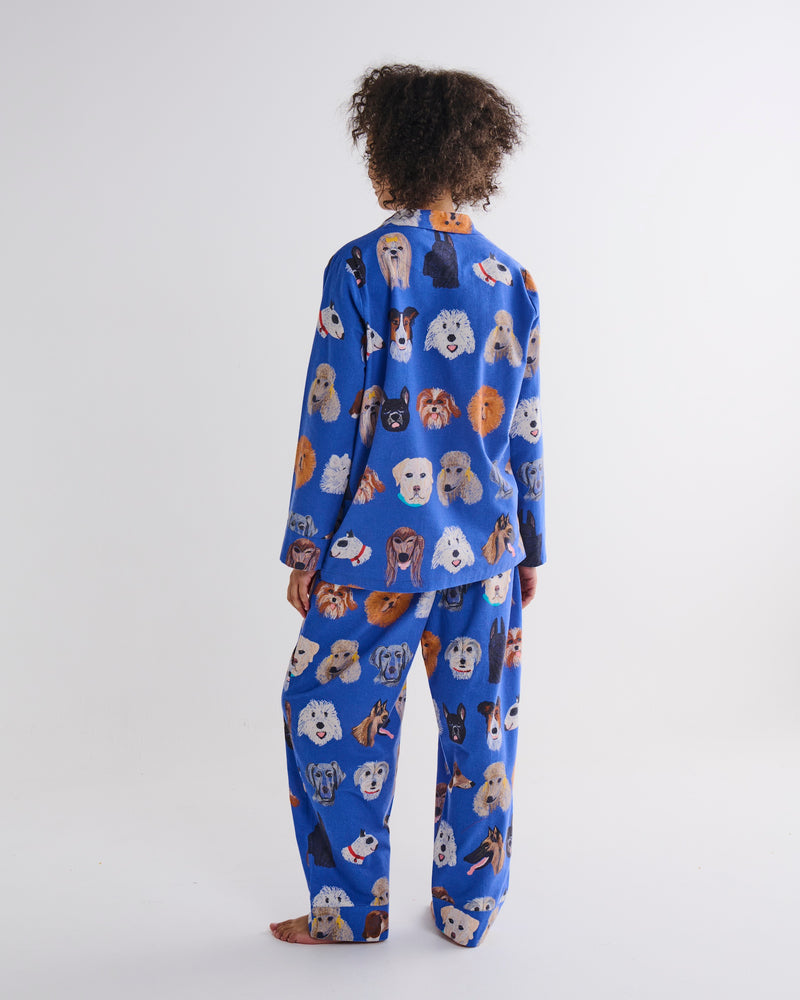 Dog Park Blue Flannelette Adult Long Sleeve Shirt & Pant Pyjama Set