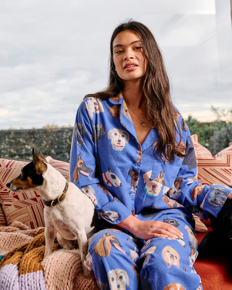 Dog Park Blue Flannelette Adult Long Sleeve Shirt & Pant Pyjama Set