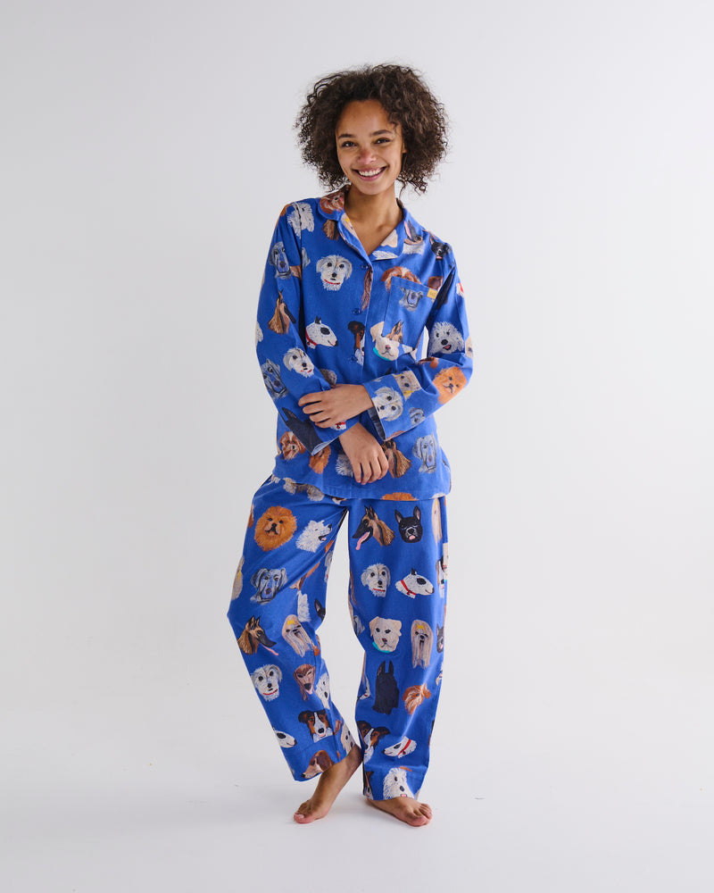 Dog Park Blue Flannelette Adult Long Sleeve Shirt & Pant Pyjama Set