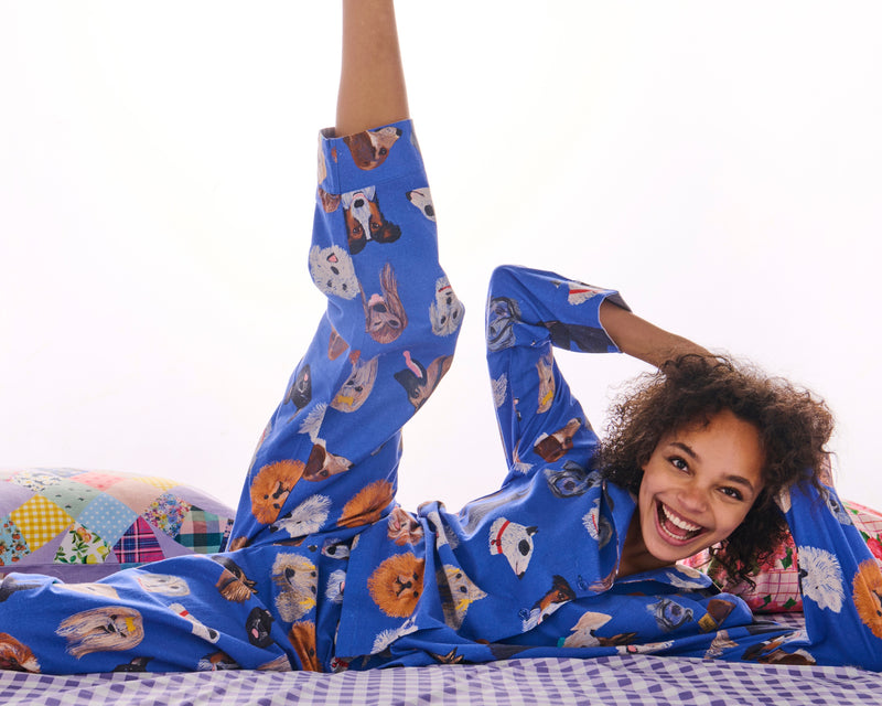 Dog Park Blue Flannelette Adult Long Sleeve Shirt & Pant Pyjama Set