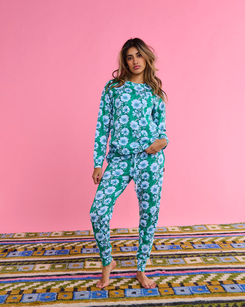 Tumbling Flowers Green Organic Cotton Long Sleeve Pyjama Top & Slouch Pant Set