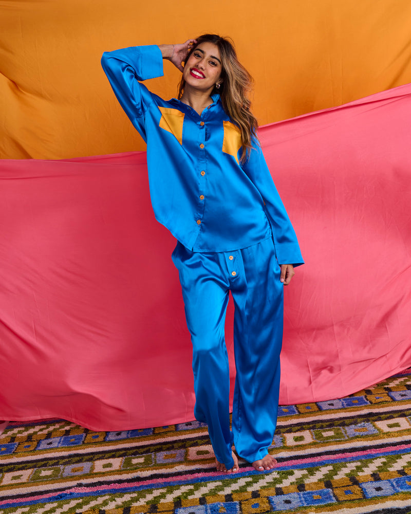 Sapphire Eco Satin Long Sleeve Shirt & Pant Pyjama Set