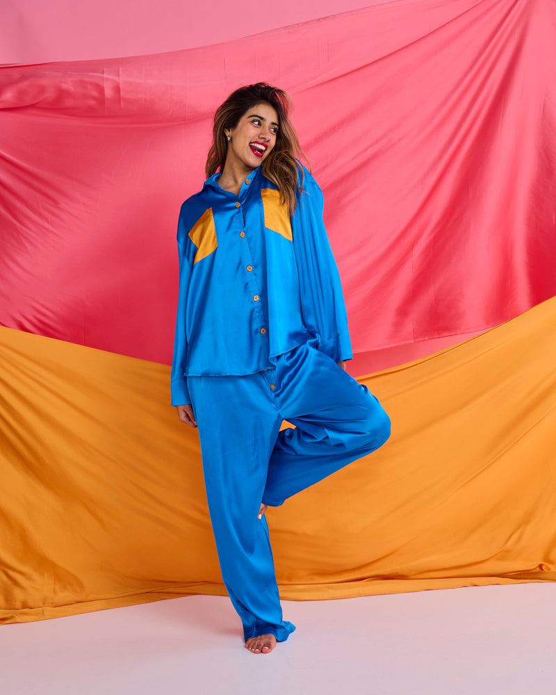 Sapphire Eco Satin Long Sleeve Shirt & Pant Pyjama Set