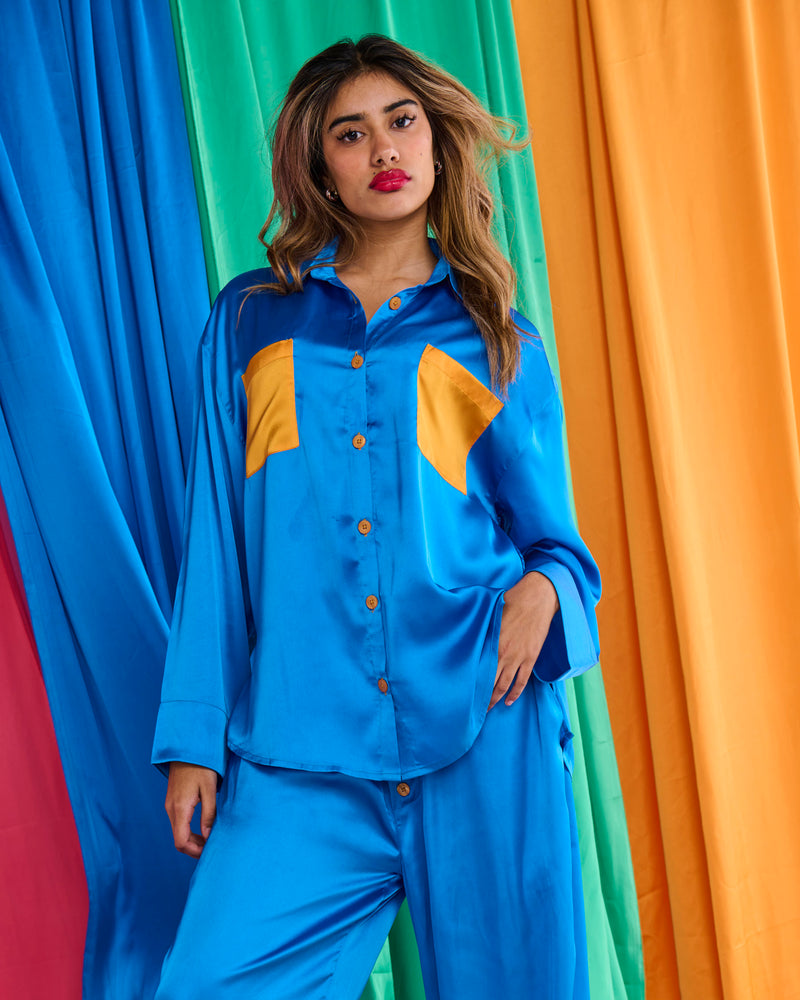 Sapphire Eco Satin Long Sleeve Shirt & Pant Pyjama Set