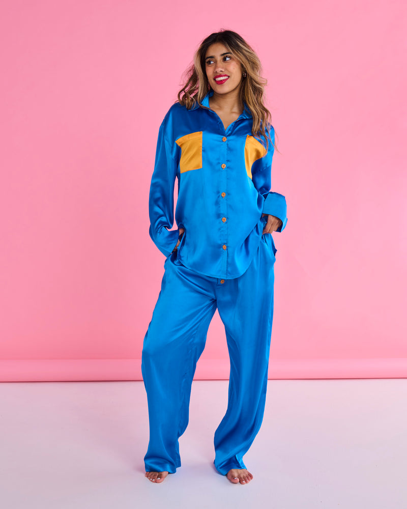 Sapphire Eco Satin Long Sleeve Shirt & Pant Pyjama Set