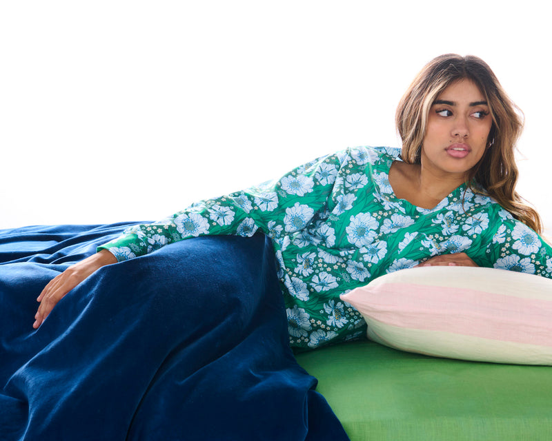 Tumbling Flowers Green Organic Cotton Long Sleeve Nightie