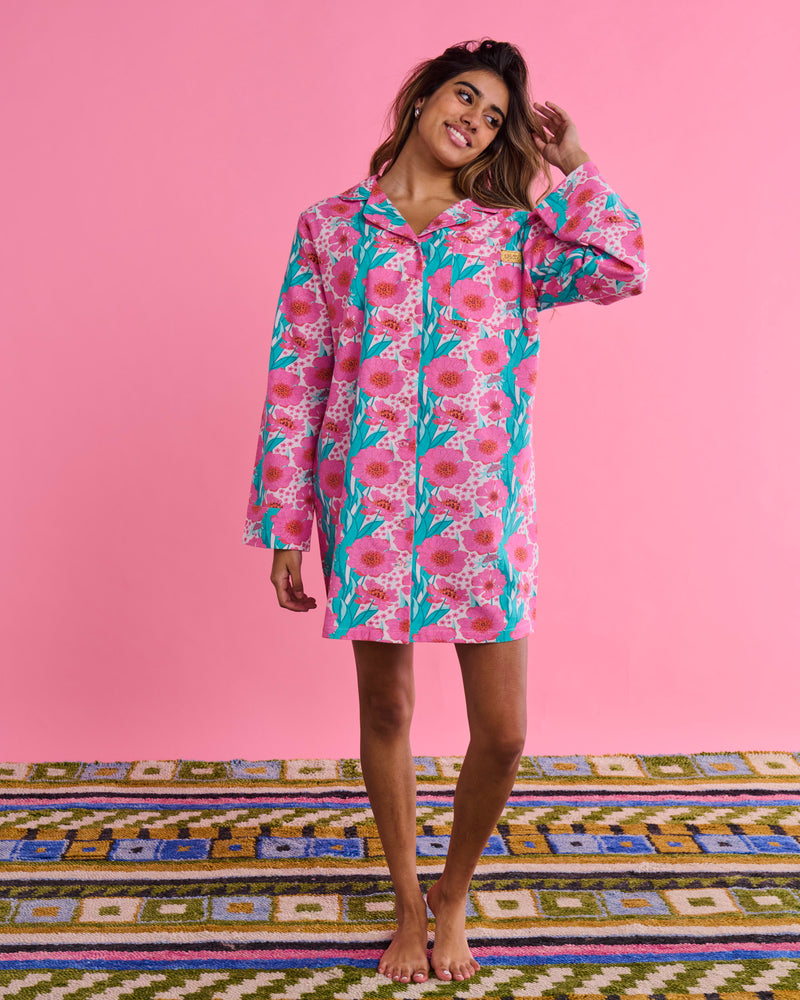 Tumbling Flowers Pink Adult Flannelette Long Sleeve Button Up Nightie