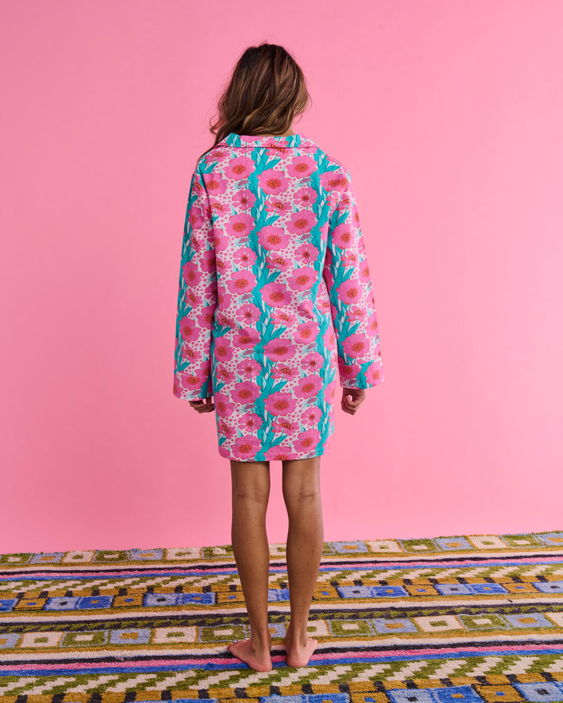 Tumbling Flowers Pink Adult Flannelette Long Sleeve Button Up Nightie
