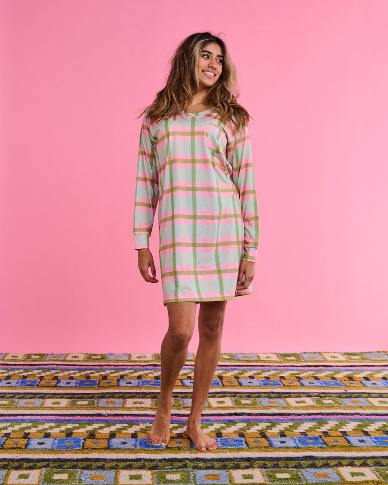 Pistachio Tartan Organic Cotton Long Sleeve Nightie