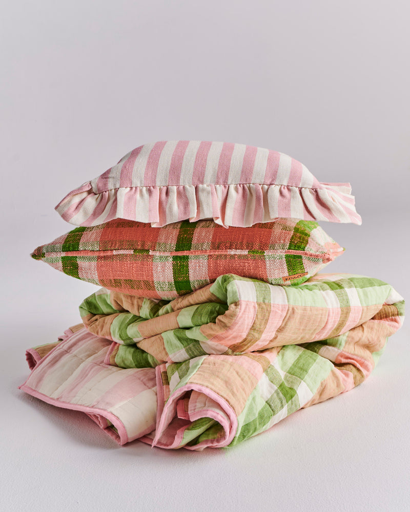 Pistachio Tartan Reversible Linen Quilted Bedspread