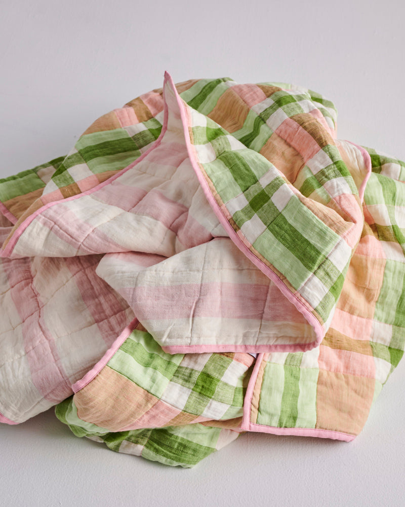 Pistachio Tartan Reversible Linen Quilted Bedspread