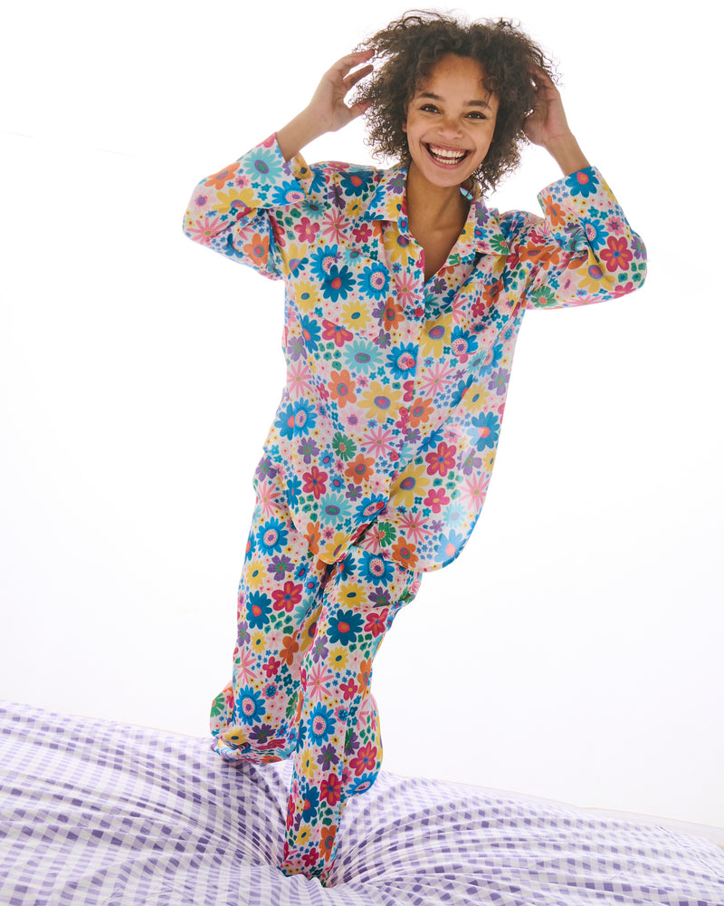 Rainbow Flowers Eco Satin Long Sleeve Shirt & Pant Pyjama Set
