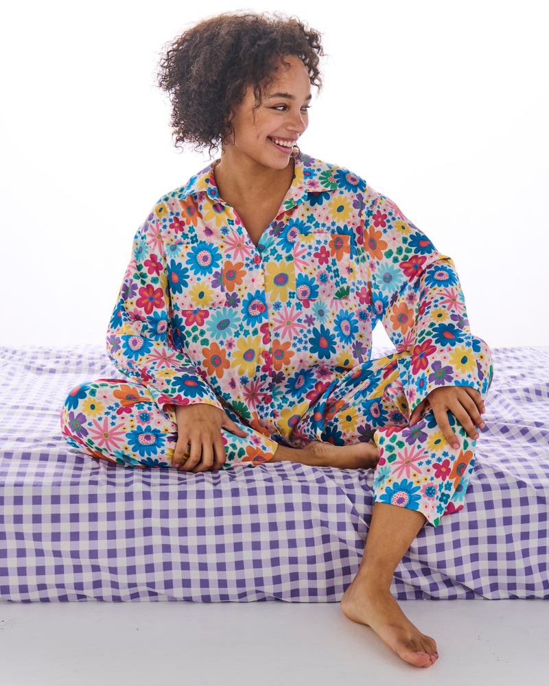 Rainbow Flowers Eco Satin Long Sleeve Shirt & Pant Pyjama Set