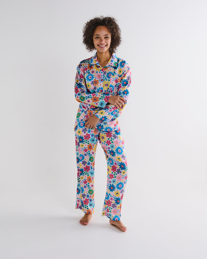 Rainbow Flowers Eco Satin Long Sleeve Shirt & Pant Pyjama Set