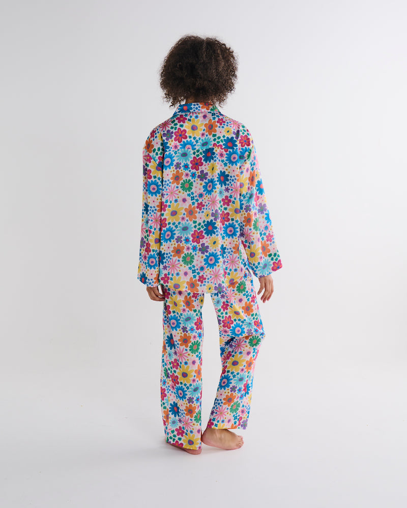 Rainbow Flowers Eco Satin Long Sleeve Shirt & Pant Pyjama Set