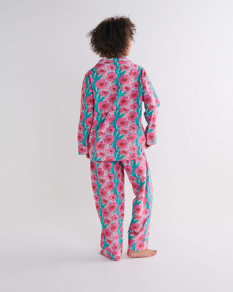 Tumbling Flowers Pink Adult Flannelette Long Sleeve Shirt & Pant Pyjama Set