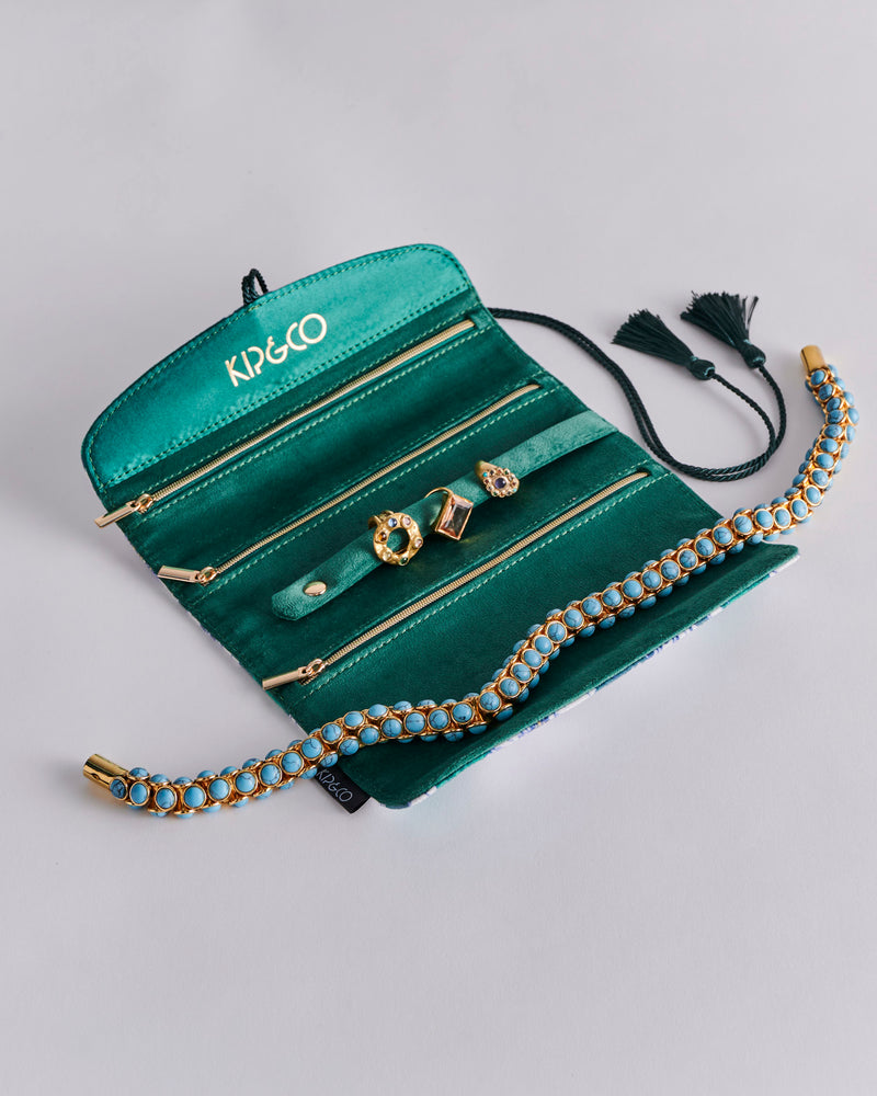 Tumbling Flowers Green Velvet Jewellery Roll