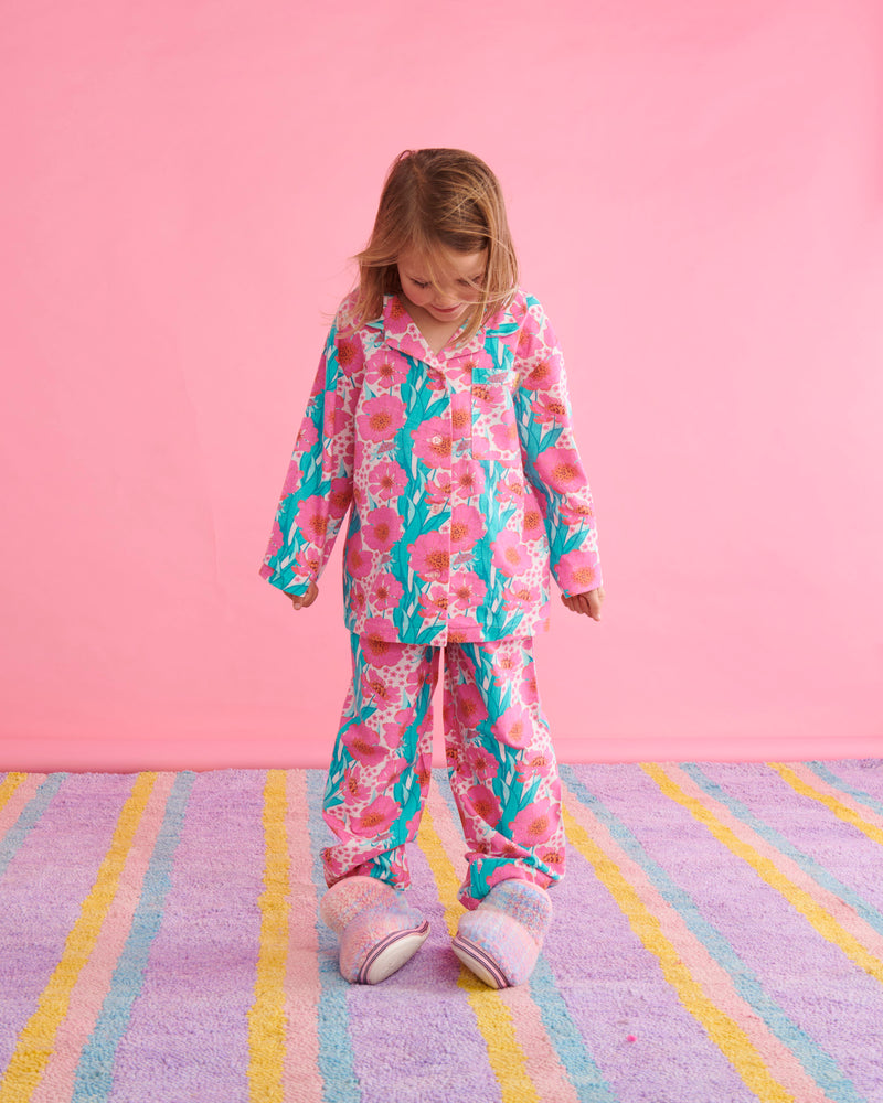 Tumbling Flowers Pink Flannelette Long Sleeve Shirt & Pant Pyjama Set