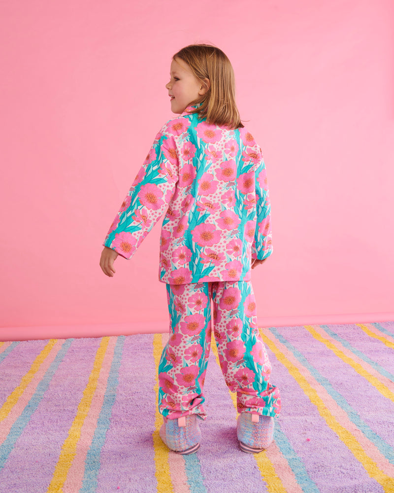 Tumbling Flowers Pink Flannelette Long Sleeve Shirt & Pant Pyjama Set
