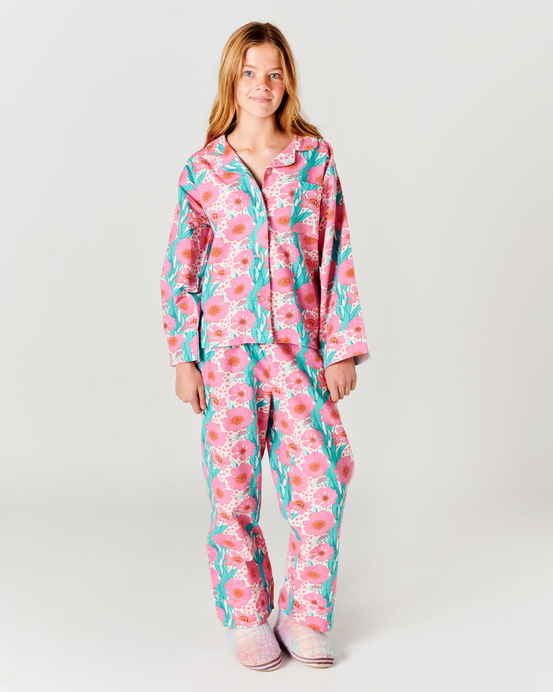 Tumbling Flowers Pink Flannelette Long Sleeve Shirt & Pant Pyjama Set
