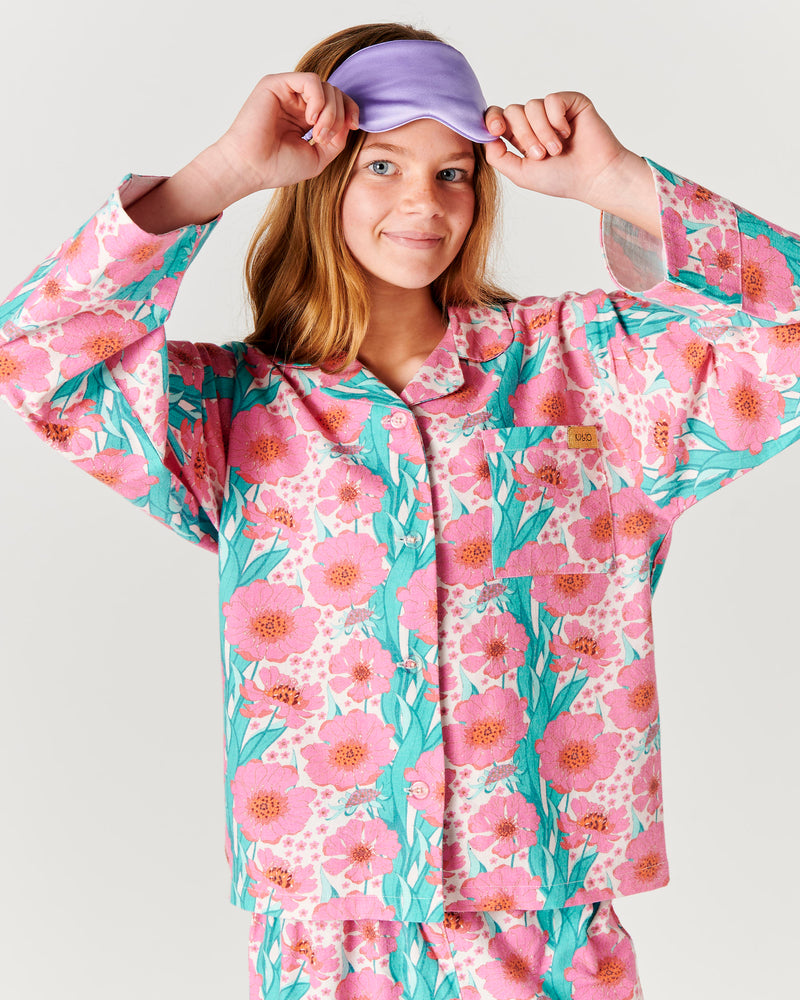Tumbling Flowers Pink Flannelette Long Sleeve Shirt & Pant Pyjama Set