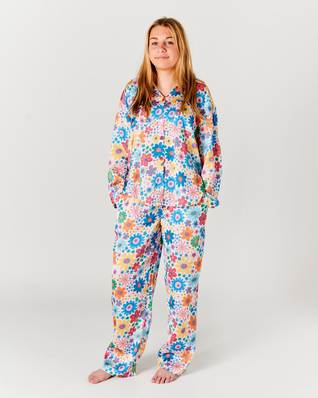Rainbow Flowers Teen Eco Satin Long Sleeve Shirt & Pant Pyjama Set