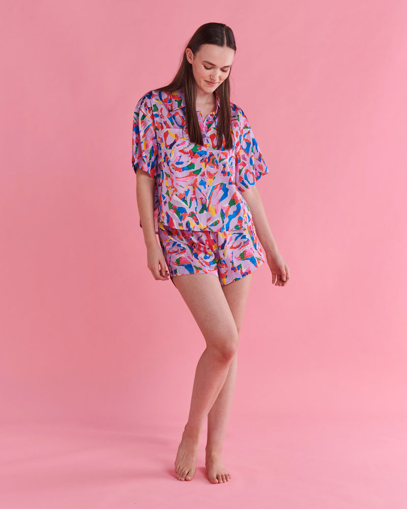 Kip&Co x Jenny Kee Opal Oz Pax Lilac Eco Satin Short Sleeve Shirt & Short Pyjama Set