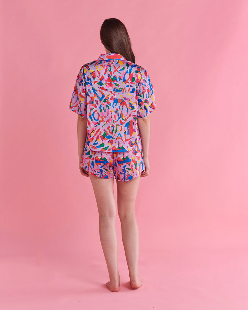 Kip&Co x Jenny Kee Opal Oz Pax Lilac Eco Satin Short Sleeve Shirt & Short Pyjama Set