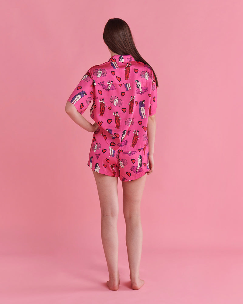 Kip&Co x Jenny Kee Pretty In Pink Eco Satin Short Sleeve Shirt & Short Pyjama Set